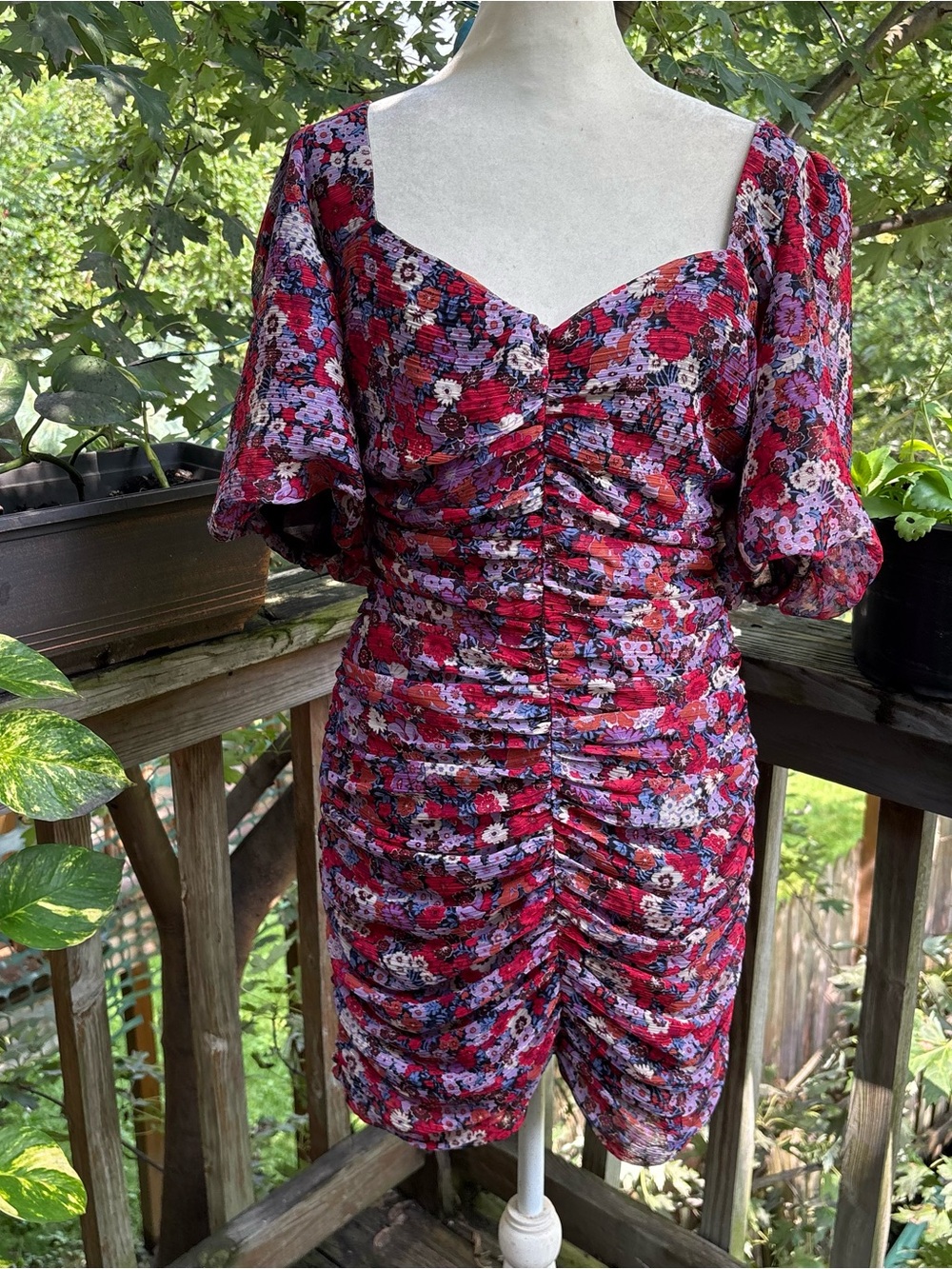 Zara Red Floral Ruched Chiffon Mini Dress Sweetheart Puff Sleeve Women’s L NWT